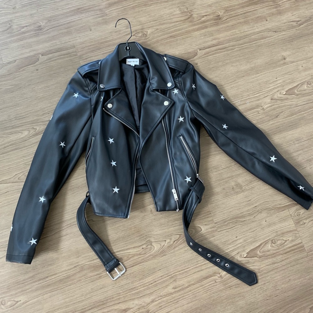 Super down leather jacket with embroidered stars